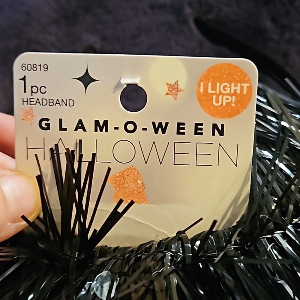 Glam-O-Ween Halloween Black Cat Headband Orange Glitter Ears Light-Up Blinking - Picture 6 of 7